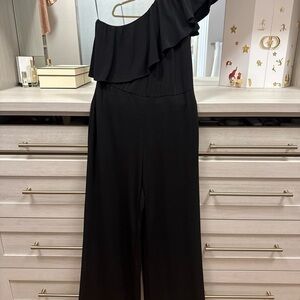 ECI Black Ruffled One-Shoulder Jumpsuit